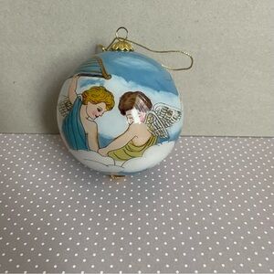 Vintage Inside Hand Painted Blue Glass Ornament in Purple Box